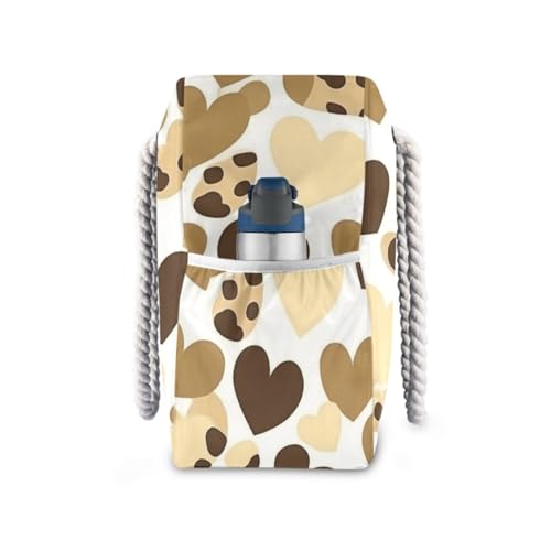 Brown Leopard Heart Sandproof Tote Carry On Luggage with side pocketes Weekender Overnight Bag with zippered pockets3