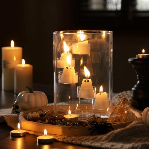 Reallnaive Portavelas de cristal de Halloween con 8 velas fantasmas y 5 velas de té, cilindro transparente para decoración de centro de mesa de Halloween