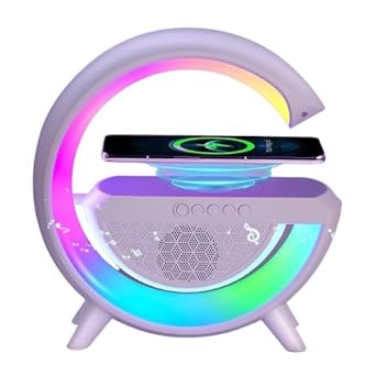 Go Household G-Shape Multifunctional Speaker Wireless Charger, 15W Fast Charging, Atmosphere Lamp with Bluetooth Speaker, FM Radio, and 6 RGB Music Sync Lighting Modes, Perfect for Your Bedroom.