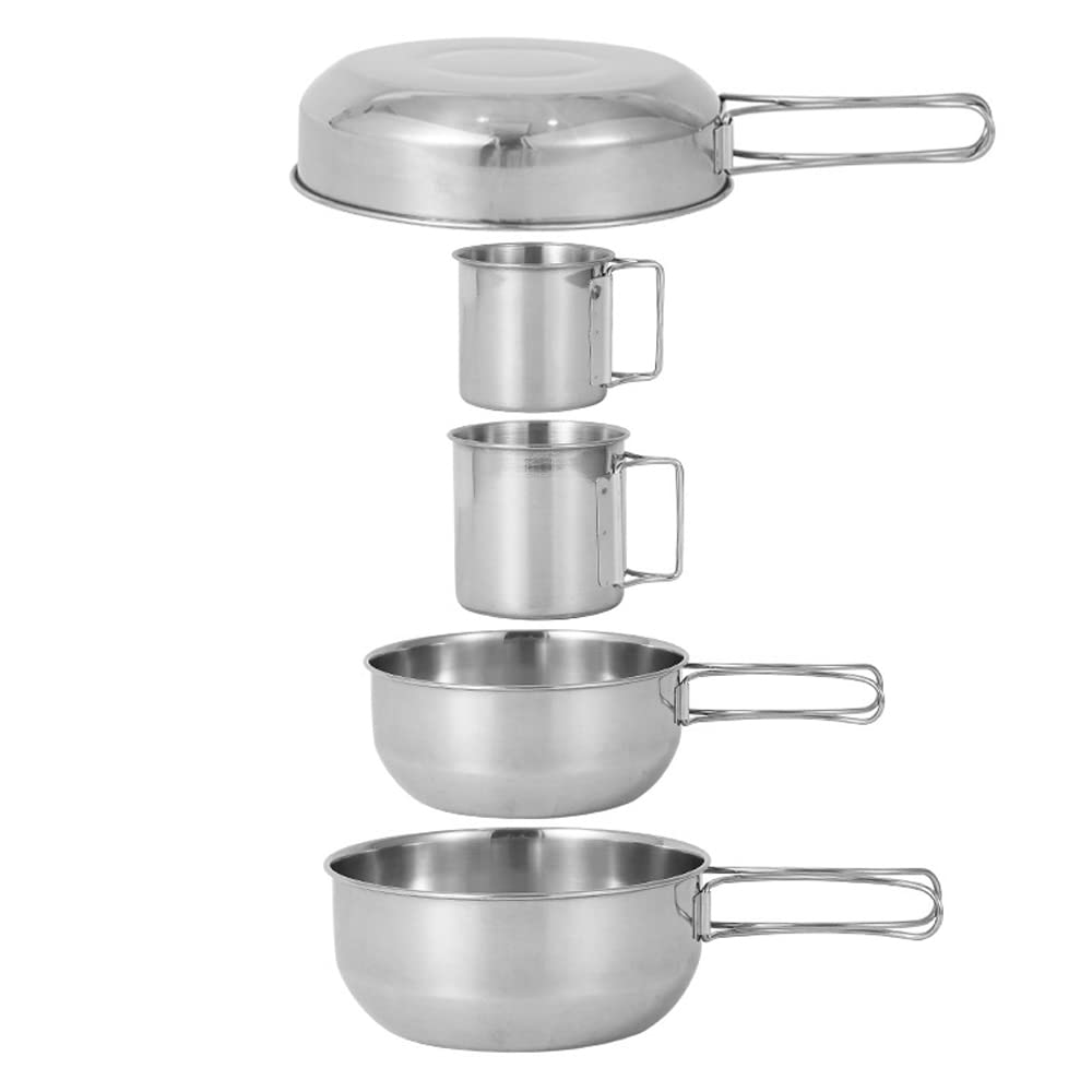 HUIOP Set di pentole da campeggio da 5 pezzi Kit di pentole da picnic portatili per esterni Stoviglie da viaggio in acciaio inossidabile Accessorio per la cucina Set di tazze per pentole,Accessorio da