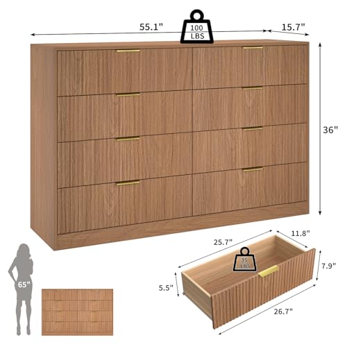 Image of Fluted Dresser for Bedroom with 8 Drawer, 55 inch Wide Wooden Dresser Mid Century Chest of Drawers w /Gold Handle, Fluted Dressers TV Stand Closet Storage Organizer for Living Room, Natural Oak