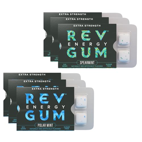 REV Caffeine Energy Gum Extra Strength 100mg Per Piece Sugar Free Variety Pack Spearmint & Polar Mint 36 Pieces (6 Packs)