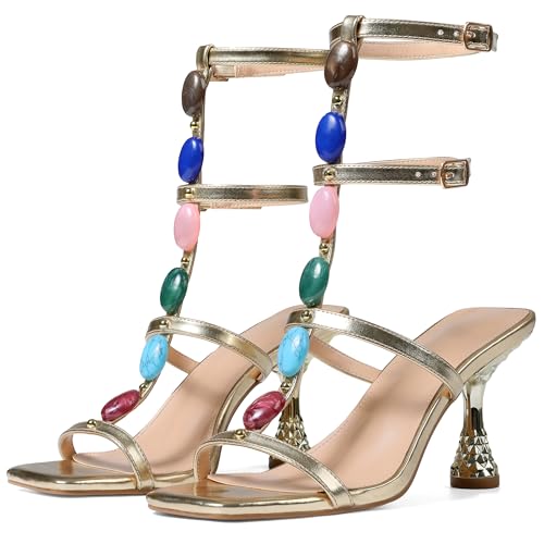 Sandales de gladiateur dorées à strass et talon chaton chic Eteridrey