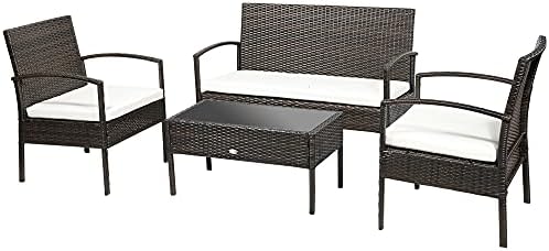 Outsunny Patio Porch Furniture Sets 4-PCS Rattan Wicker Chair w/Table Conversation Set for Yard,Pool or Backyard Indoor/Outdoor Use- Brown