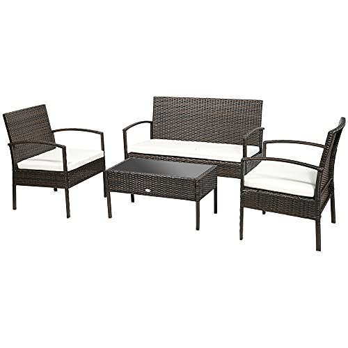 Outsunny Patio Porch Furniture Sets 4-Pcs Rattan Wicker Chair W/Table Conversation Set For Yard,Pool Or Backyard Indoor/Outdoor Use- Brown #TOP15