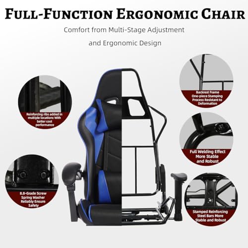 Image of Gaming Desk Chair for Adults, Ergonomic Gaming Chair with Footrest & Headrest and Lumbar Support, Leather Material Height Adjustable Computer Video Game Chairs (Blue Upgrade)