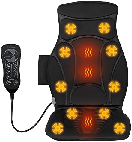 WELLHUT Massage Seat Cushion Back Massager with Heat, 10 Vibration Nodes & 2 Heat Pads, Back Massager for Waist Hips Muscle Pain Relief, Back Massager Chair Pad for Home Office Use