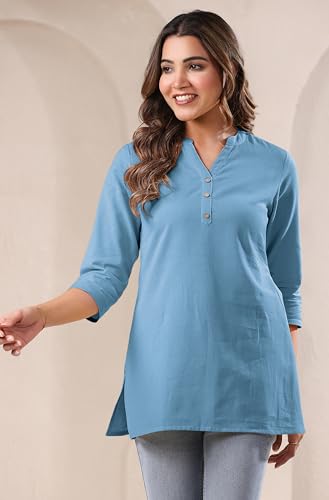 Image of Janasya Women's Light Blue Linen Cotton Solid A-line Top