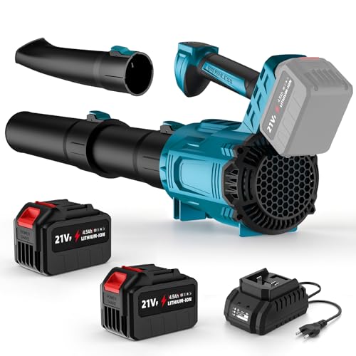 Soplador de Hojas Bateria, 21V Soplador de Hojas Inalámbrico con 2 x 4.5Ah Baterías, Motor sin Escobillas, 5 Velocidades y Modo Turbo, Velocidad de Aire 320 KM/H, Soplador Eléctrico para Céspedes