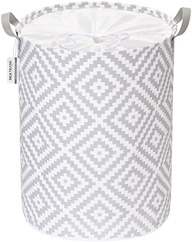 Sea Team Tree Pattern Laundry Hamper Canvas Fabric Laundry Basket Collapsible Storage Bin with PU Leather Handles and Drawstring Closure, 19.7 by 15.7 inches, Waterproof Inner, Grey