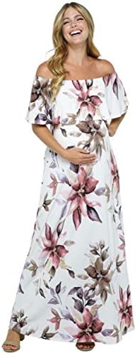Women's Off Shoulder Ruffle Maxi Maternity Dress (Ivory Flower, XL)