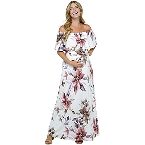 HELLO MIZ Women's Ruffle Off The Shoulder Maxi Maternity Dress - Made in USA - White - Medium Cover