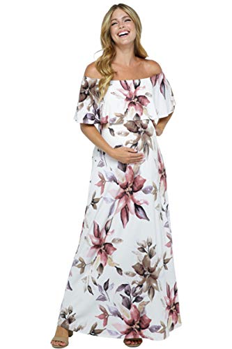 Women's Off Shoulder Ruffle Maxi Maternity Dress (Ivory Flower, Xl) #TOP17
