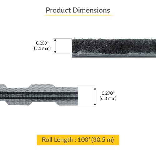 Brixwell Zipper Pile Weatherstrip - 100\' Roll, 0.200\" Pile Height, Gray, Zipper Weatherization Seal for Windows & Doors, Weatherstrip Replacement, Door Weather Seal - Thumbnail 2