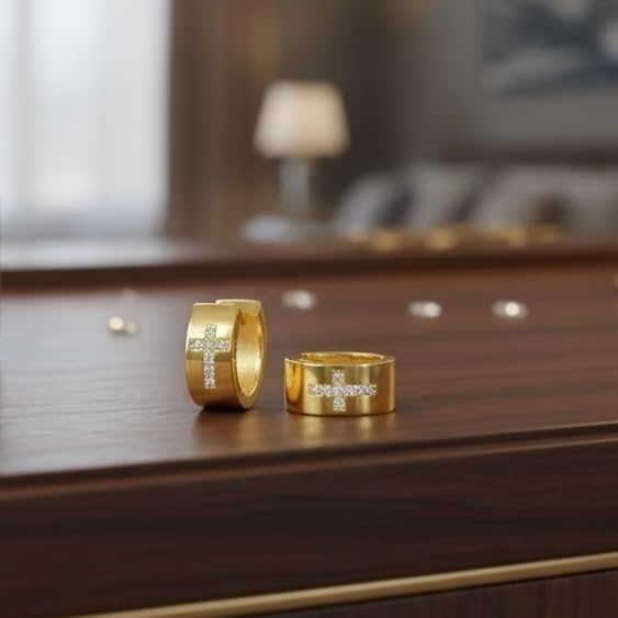 CZ Cross Yellow Gold Huggie Hoop Earrings, 18K Gold Plated Small Hinged Earrings with Cubic Zirconia, Religious Fashion Jewelry for Women - Image 3