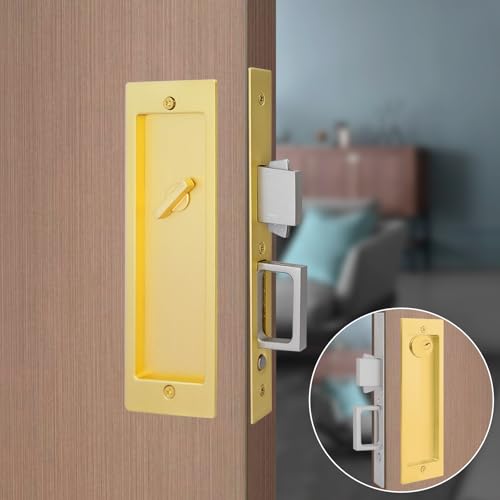 youthua Modern Pocket Door Hardware Set - Privacy Lock with Finger Flush Pulls & Soft Close, for Sliding Barn Doors, Pocket Doors, Bedroom (Gold, Keyed Lock) by youthua - Used condition - US$59.69