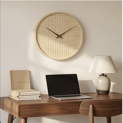 Image of The Artment your artistic apartment Beige CaneHalo Clock Natural Cane Weave Wall Clock, Silent Quartz Movement, Wooden Frame Minimalist Round Clock for Living Room, Bedroom, Office Decor