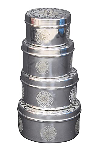 Solitary Steel Ware New Poori Dabba Rangoli/Round Single Lunch Boxes/Food Box/Flat Canister Set of 3(800ml, 500ml, 350ml)