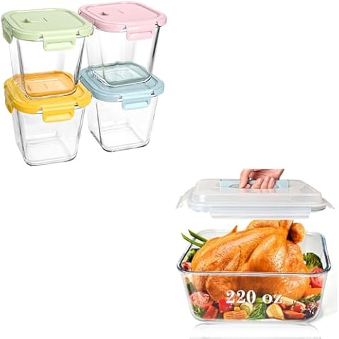 4 Cup Square Glass Soup Containers with Lids and 220oz Large Glass Storage Containers with Lids for Turkey and Rotisserie Chicken, Meal Prep Bowls, Both Freezer Safe, Reusable, Microwavable, BPA Free Cover