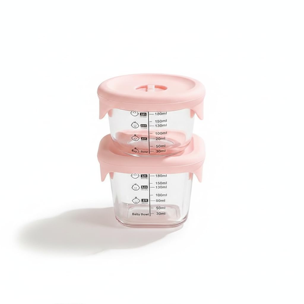 Baby Heat-Resistant High Borosilicate Glass Food Storage Container with Silicone Lid for Steaming, Freezing, and Fresh-Keeping Pink Square + Round 230ml + 230ml Tall-image-14