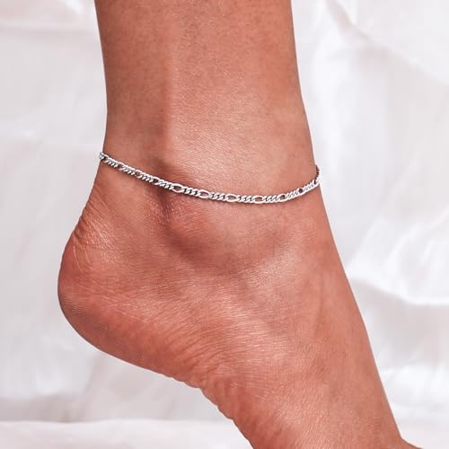 Image of CHIC & ARTSY 925 Sterling Silver Ankle Bracelets for Women, Adjustable Double Layer Chain Anklets, Minimalist Lightweight Foot Jewelry for Beach & Everyday Wear