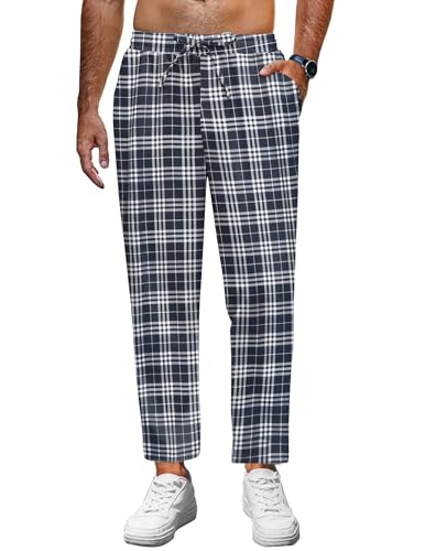 COOFANDY Mens Casual Plaid Pants Lightweight Drawstring Beach Elastic Waist Pants