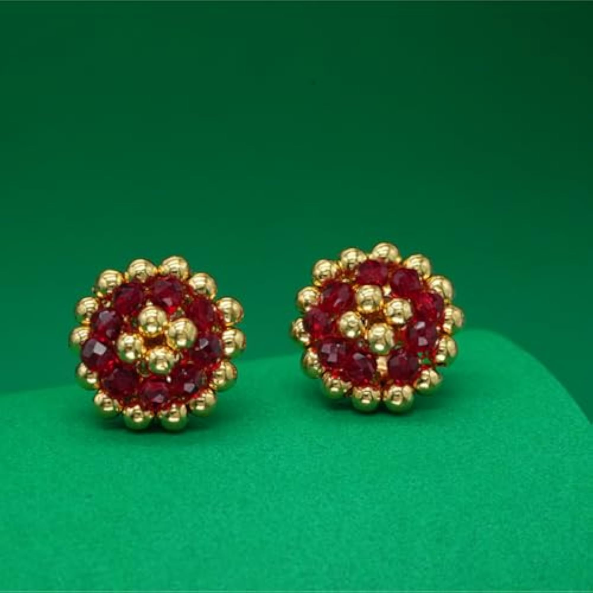 Women's 22KT Yellow Gold Thushi Stud Earrings, Red Bead Design