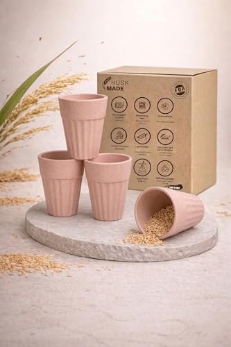 Image of Eco-Friendly Rice Husk & Bamboo Fibre Tea Cup Set of 4 | Kulhad Style Coffee & Tea Mugs | 140 ml Unbreakable, Stain-Free, Heat Resistant, Reusable, Microwave Safe | Pastel Peach