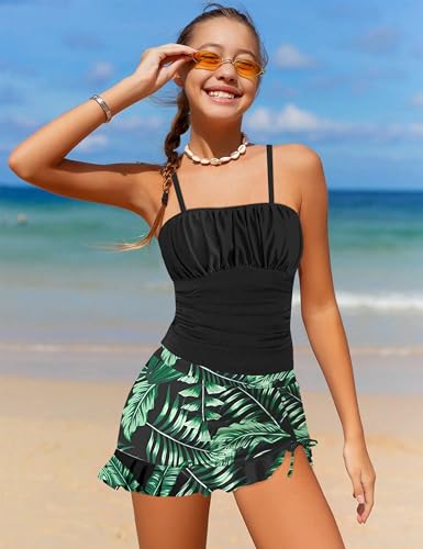 Image of Girls Tankini Swimsuits Tropical Print Bathing Suit Two Piece Girls' Swimwear with Tie Side Knot 9-16T