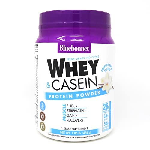 Bluebonnet Nutrition Dual-Action Protein Powder, Whey from Grass Fed Cows, No Sugar Added, Non GMO, Gluten & Soy Free, Kosher Dairy, French Vanilla Flavor, Off-white, 16.8 Oz