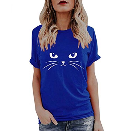 Yesmile Camiseta de Mujer Tops Negro Blusa Causal Ocasionales Camiseta Causal de Las Mujeres Ocasionales de Manga Corta O-Cuello Tops Gato Impreso (Azul A, XL)