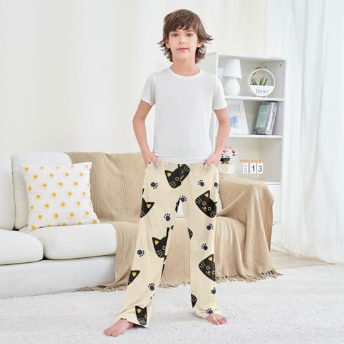 Cat Paw on Beige Boys Pants Boys Athletic Pants Long Pant for Boywith Pockets Wide-Leg Size 6-14Y 6