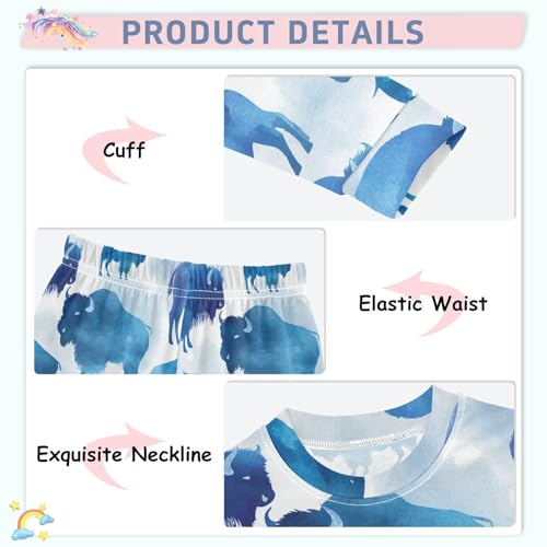 Pajama Sets Long Sleeve Blue Bison Silhouettes on White Soft Comfy Sleepwear 2 Piece PJS 3-8T4