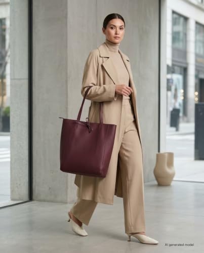 Image of Genuine Italian Leather Tote Bag for Women, Large Slouchy Purse, Burgundy | Unstructured bag, raw unlined interior with zip pocket, top zipper, side ties, folds flat, fits a 16-inch laptop, lightweight