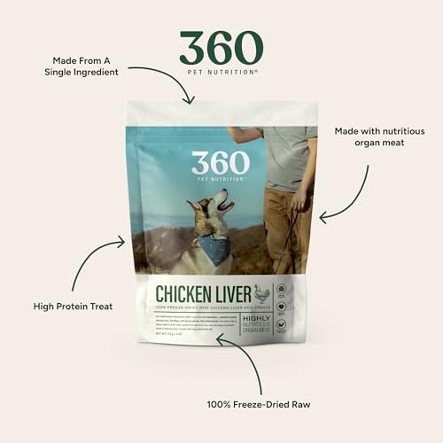 360 Pet Nutrition Freeze-Dried Raw Chicken Liver Dog Treats – Single Ingredient, High Protein, Grain-Free, All-Natural Training Snacks, Made in USA, 4 oz