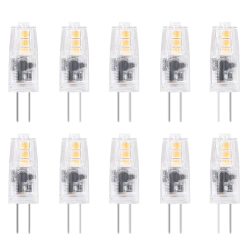 Jiotouhu 10 bombillas LED G4 de 2 W, repuesto para halógeno de 12 V, 20 W, blanco cálido 3000 K, 200 lm, 12 V, bombilla LED de bajo voltaje, no regulable, no parpadea, para lámparas de bajo encimera,