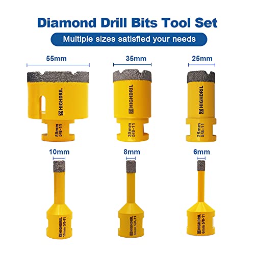 Highdril Diamond Core Drill Bits Set For Porcelain Tile Granite Marble Stone Brick Vacuum Brazed Hole Saws 6Pcs 6/8/10/25/35/55Mm #TOP1