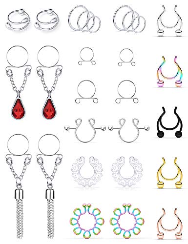 SCERRING Fake Nipple Ring Stainless Steel Non-Piercing Nipple Rings Clip On Nipplerings Faux Body Piercing Jewelry for Women Men 27PCS