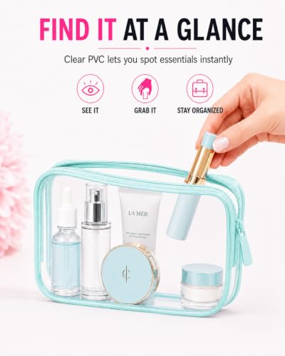 Image of Clear Makeup Bag Set,4 Sizes TSA Approved Travel Toiletry Bags,Waterproof PVC Clear Cosmetic Pouch with Zipper,Portable Transparent Organizer Bags for Travel Toiletries Accessorie (Blue, Pack of 4)