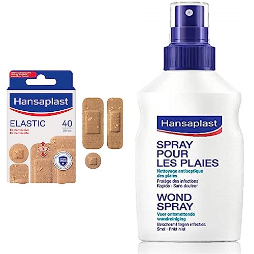 Hansaplast 40 Pansements Elastic, pansements prédécoupés, respirants et ultra flexibles, pansements stériles de différentes tailles & Spray Antiseptique, Spray nettoyant pour les plaies superficielles