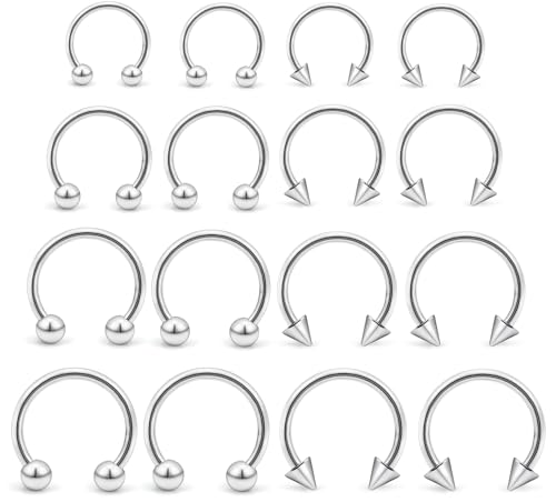 Ftovosyo 16PCS 16G Multiple Different Sizes Horseshoe Barbell Surgical Steel Nose Septum Rings Hoop Daith Earring Eyebrow Helix Vertical Lip Piercing Jewelry for Women Men