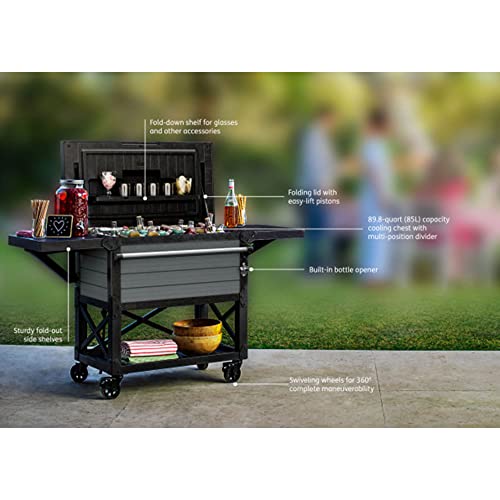 Keter Ket-252172 89.8 Quart Outdoor Rolling Patio Cooler And Insulated Beverage Cart With Fold Down Glass Shelf And Built In Bottle Opener, Gray #TOP4