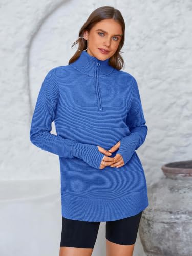 Image of PRETTYGARDEN Womens Long Sleeve Quarter Zip Pullover Sweater | Casual Loose V Neck Sweaters with Thumb Hole, Collared Ribbed Knit Jumper Tops, Oversized Tunic Tops, Fall Outfits 2026
