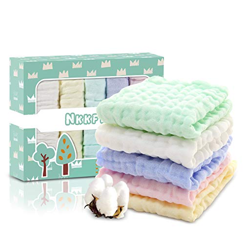 Image of Nkkfrey Baby Muslin Washcloths and Towels -100% Premium Natural Cotton Baby Reusable Wipes - Soft Newborn Baby Face Towel and Muslin Washcloth for Sensitive Skin- Baby Registry as Shower Gift (5 Pack)