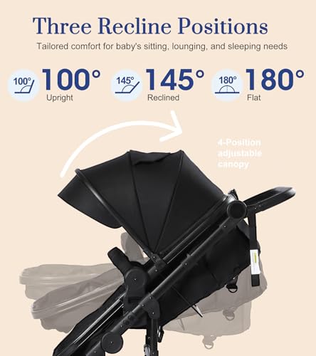 2-in-1 Convertible Baby Stroller with Bassinet Mode, Toddler Stroller with Reversible Seat, Foldable Infant Stroller with Adjustable Canopy, Cup Holder, Mommy Bag, Bassinet Pram for 0-36 Months, Black - Thumbnail 3
