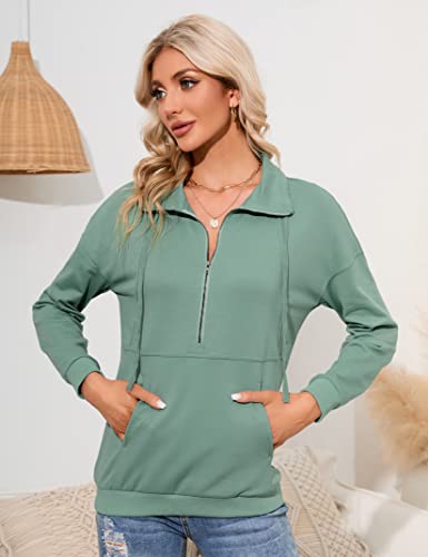 Missky Womens Sweatshirts Pullover Drawstring Vintage T Shirts For Girls Solid Lapel Half Zip Up Long Sleeve Top Fall Casual Shirt For Women With Kangaroo Pocket Green Medium #TOP3