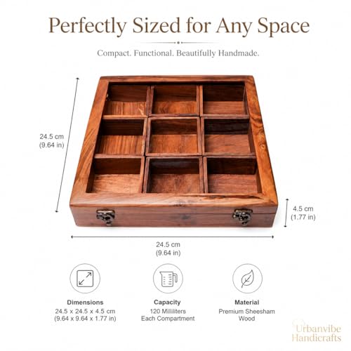 Image of Wooden Masala Box Spice Box with Glass Lid & Spoon, Sheesham Wood Masala Dabba Organizer, 9 Removable Compartments, Indian Spice Container, Kitchen Organizer, 120ml Each, Brown