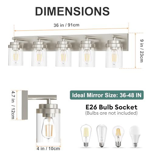 Image of IZORRO Bathroom Vanity Light Fixture, 5-Light 36 Inch Brushed Nickel Bathroom Light Fixtures Over Mirror, with Clear Glass Shade, Modern Farmhouse Vanity Lights, Rustic Restroom Lighting Fixtures