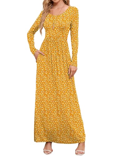 DEARCASE Women's Maxi Dress Long Sleeve Crewneck Loose Plain Casual Empire Waist Fall Party Long Dresses with Pockets