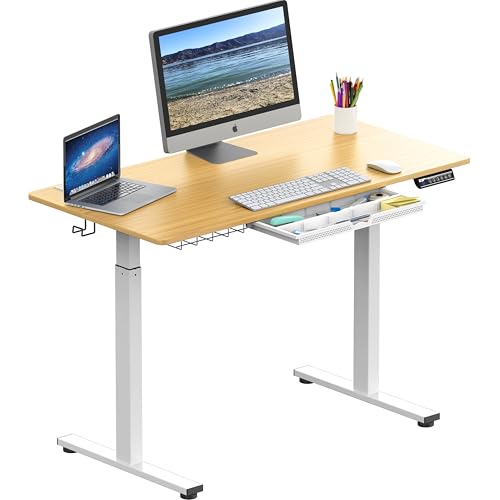 SHW 48-Inch Electric Height Adjustable Standing Desk with Drawer, Memory Preset and Cable Management Tray, Oak